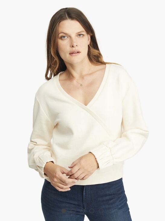 Able Sweaters - ABLE Tracy Wrap Small Sweatshirt Top in Antique White V Neck Long Sleeve